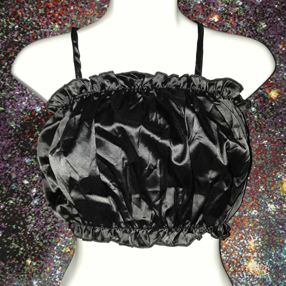 Boho Black Satin Ruffle Puff Crop Top Tank - Picture 4 of 5